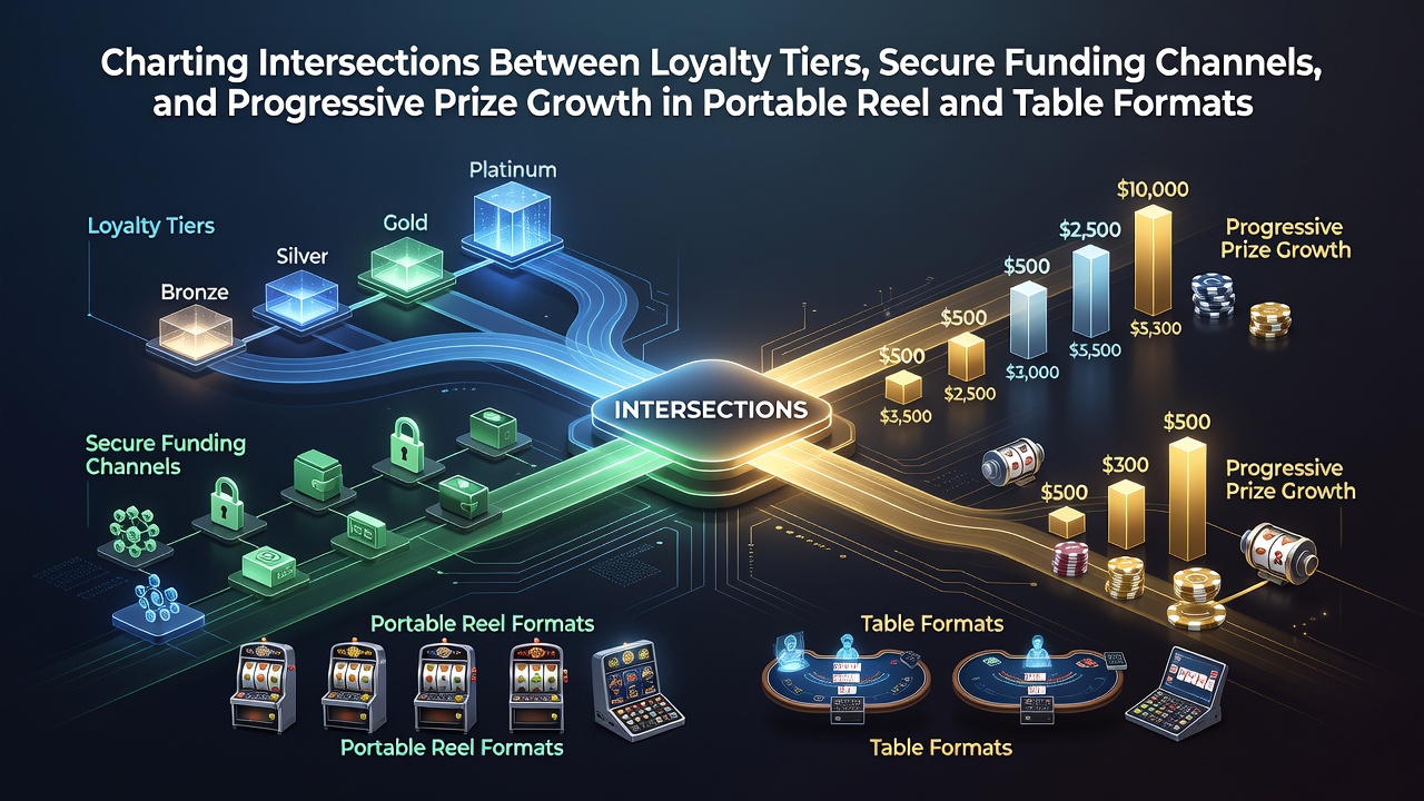 Visualisatie van loyaliteitsniveaus die verbonden zijn met veilige betalingen en groeiende jackpots in mobiele casino formats
