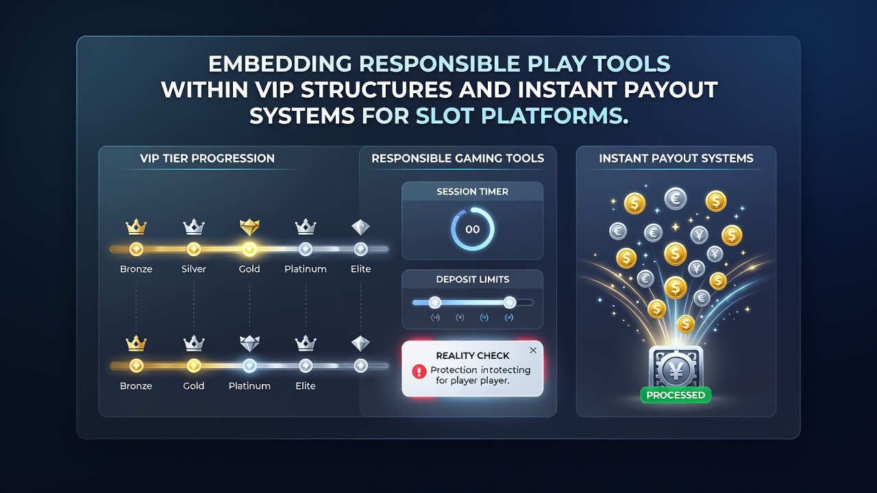Diagram van hoe instant uitbetalingen en VIP-beloningen verbonden zijn met verantwoord spel filters in slotplatforms