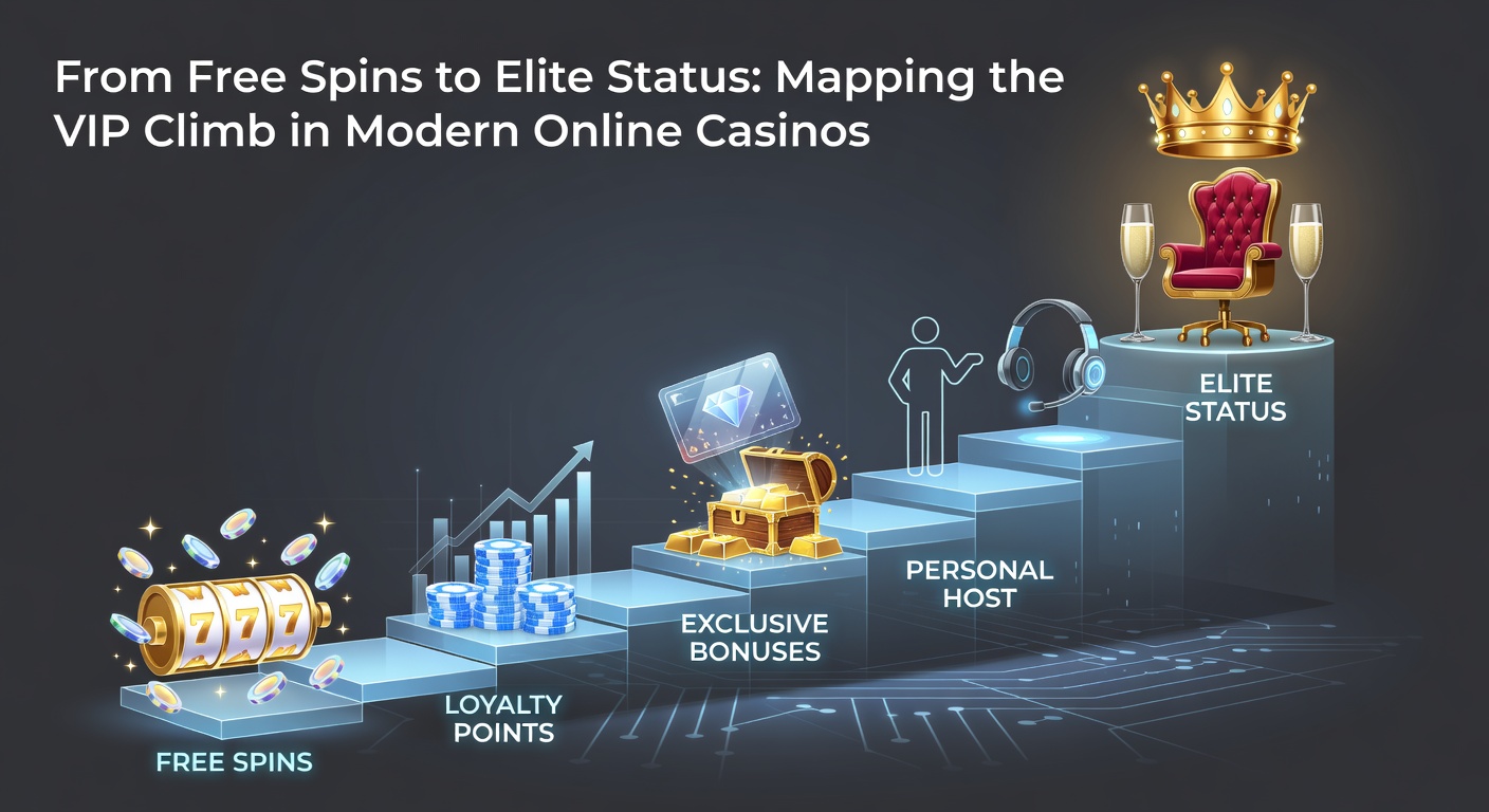 Speler die VIP-niveaus beklimt in een online casino met gouden trappen en jackpot-symbolen