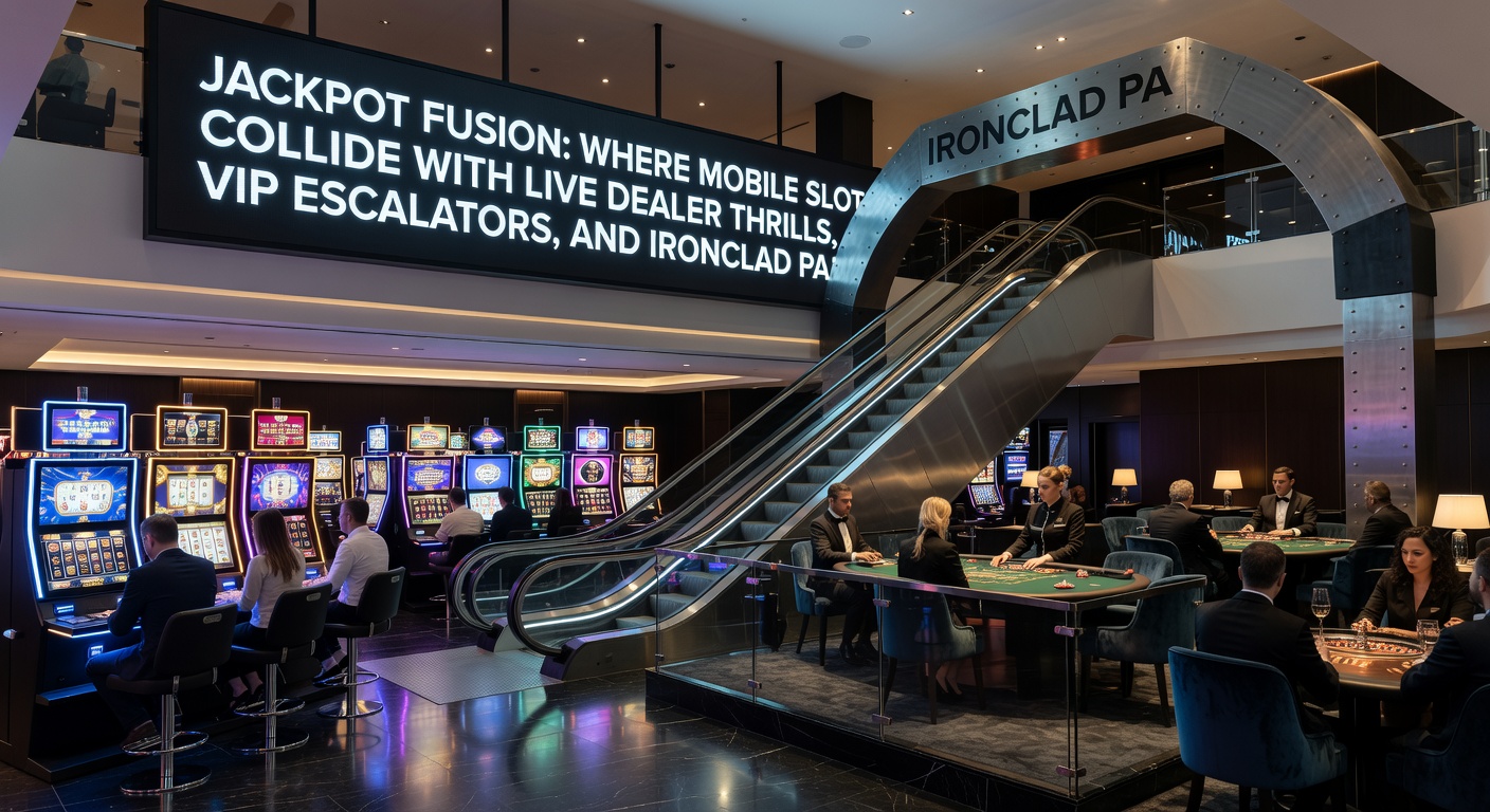 Close-up van een VIP escalator in een jackpot fusie platform, met live dealer tafels, slot reels en beveiligde betaaliconen die oplichten