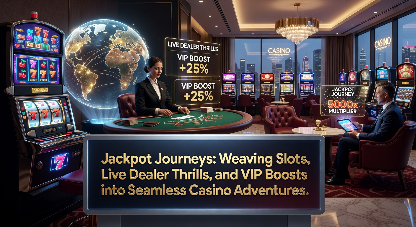 Spannende online casino scène met draaiende slots, live dealer tafels en VIP-beloningen die samenvloeien in een avontuurlijke reis
