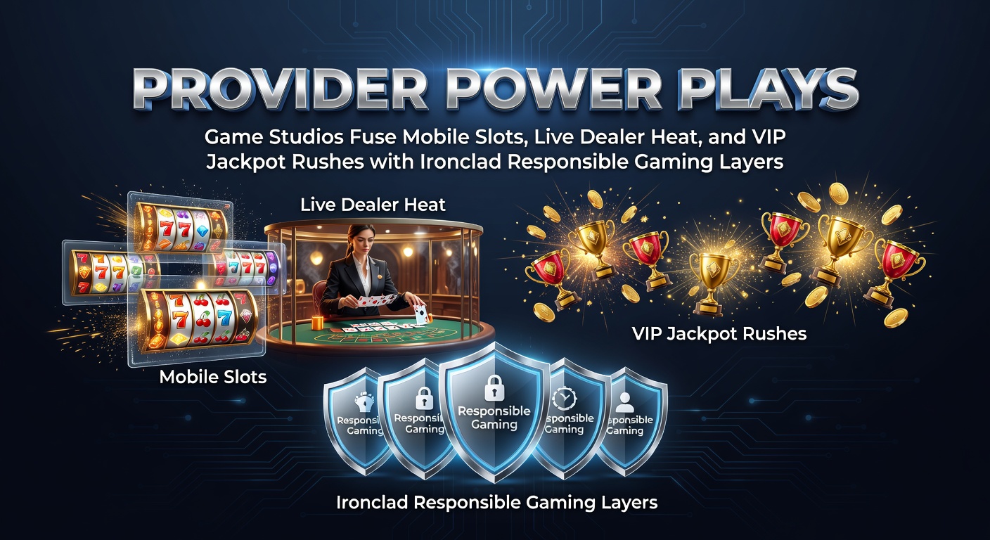 Grafische weergave van een spelstudio die mobiele slots, live dealer tafels en jackpot tellers integreert met responsible gaming iconen zoals limietknoppen en zelfuitsluitingssymbolen