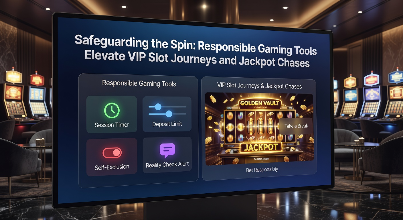 Afbeelding van een VIP-speler aan een slotmachine met responsible gaming icoontjes zoals limieten en checks op het scherm, symboliserend veilige jackpotjachten
