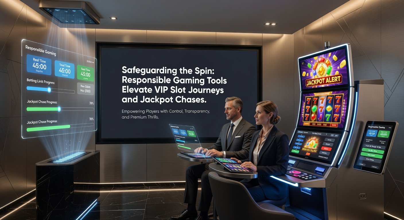 Visualisatie van een mobiel scherm met VIP slot interface, jackpot meter en responsible gaming tools zoals timers en limietinstellingen actief