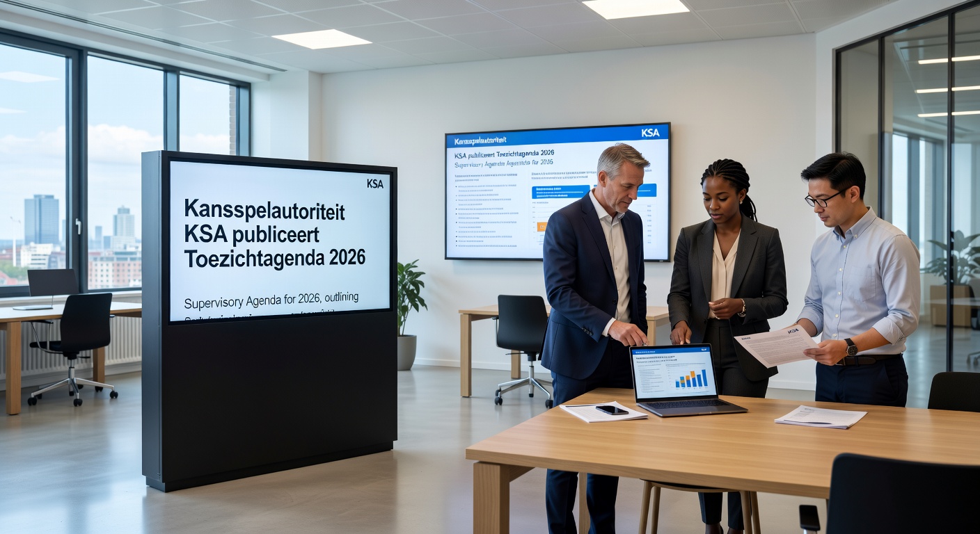 Foto van een illegale speelautomaat in een Nederlandse horecagelegenheid, met KSA-logo op de achtergrond voor context over toezicht