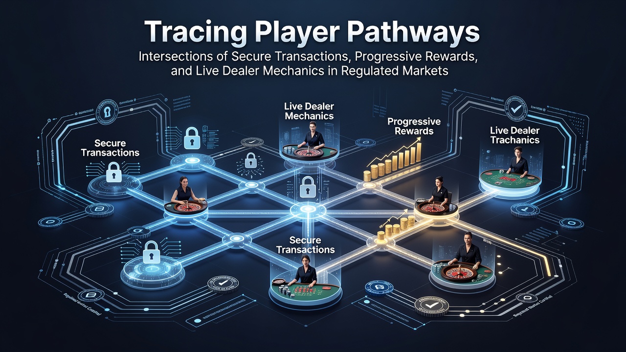 Visualisatie van spelerspaden die veilige transacties, beloningen en live dealer elementen verbinden in een gereguleerde omgeving