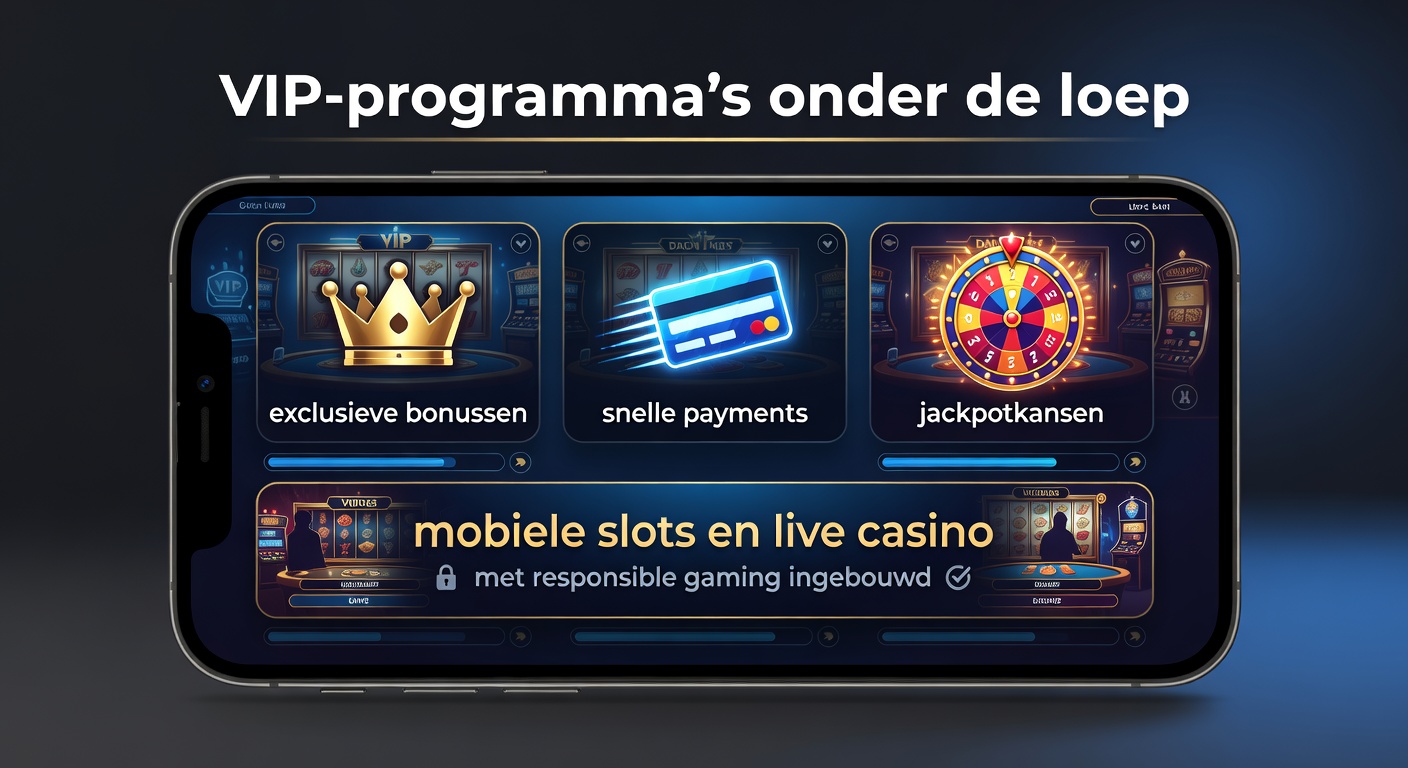 Grafische weergave van een VIP-ladder met bonussen, slots en live dealers op een mobiel scherm, inclusief responsible gaming iconen