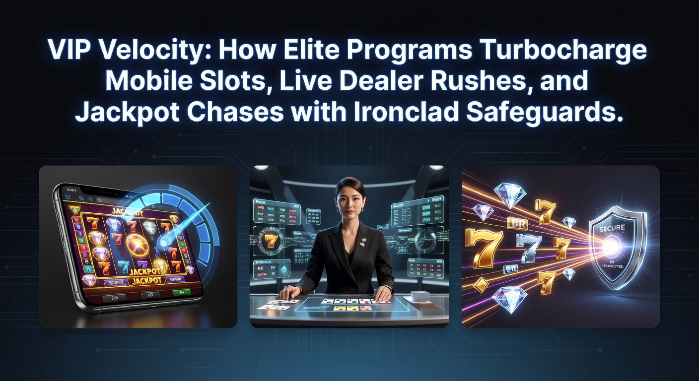 Afbeelding van een dynamische VIP-lounge in een online casino met mobiele slots, live dealers en jackpot tellers op een achtergrond van gouden kaarten en snelle transacties